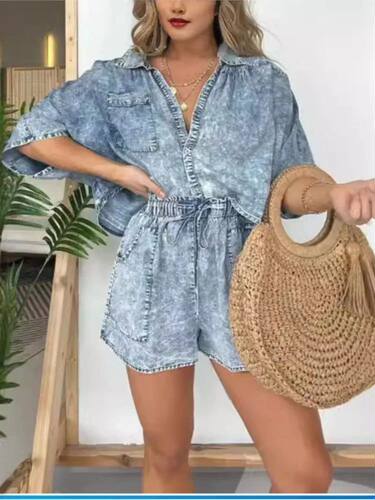 Fashion Vintage Denim Blue Shorts Suit For Women Summer New
