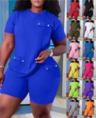 Shorts Sets Round Women Solid Piece Neck Two Shirts Pocket