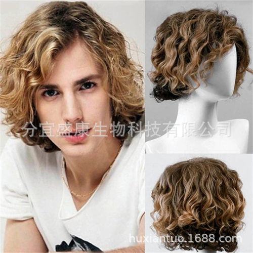 Men's Slanted B Chemical Fiber Short Curly Rose Net Full Hea