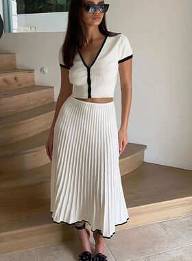 2024 Summer Women White long Skirt Suit Short Sleeve V-neck