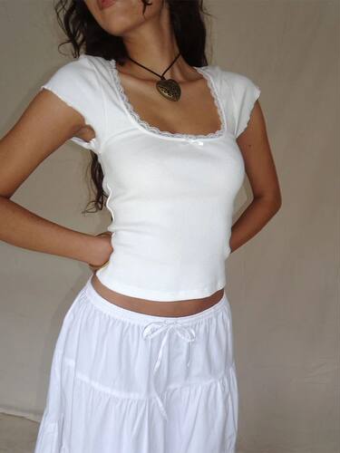 Women T-shirt, Short Sleeve Square Neck Lace Patchwork Bow S