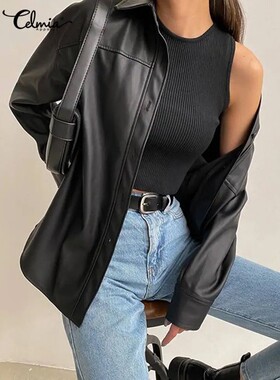 Celmia Women PU Leather Jackets 2024 Autumn Long Sleeve Lape
