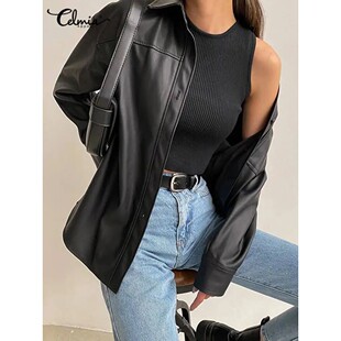 Celmia Women PU Leather Jackets 2024 Autumn Long Sleeve Lape