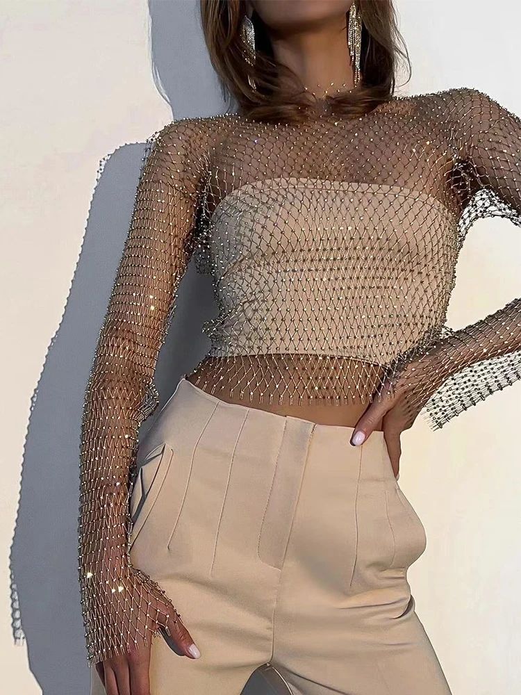 Women Sexy Mesh See Through T Shirt Shiny Rhinestone Fishnet