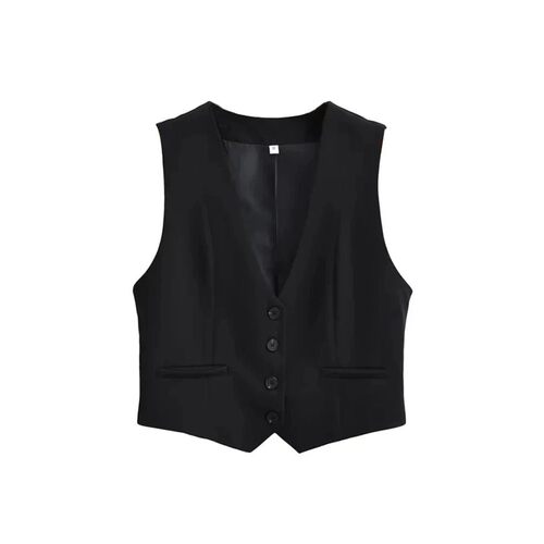 Aoaiiys Black Vest Women Cropped Waistcoat 2024 Fashion Fron