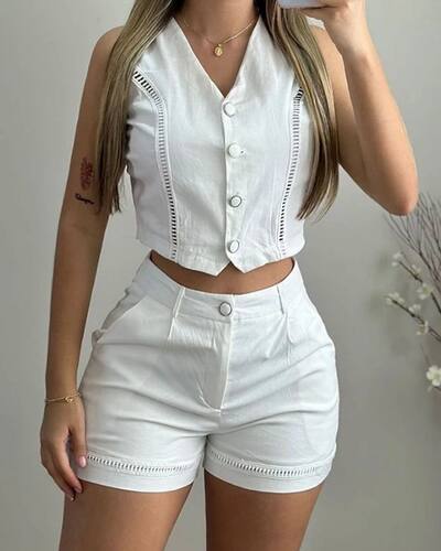 Two Piece Sets Women Outfit 2024 Summer Hollow Out Buttoned