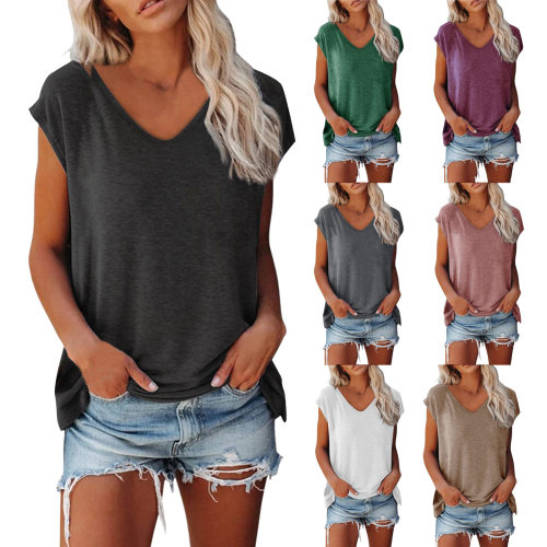 Women's 2024 Independent Station Solid Color V-neck Loose Sh
