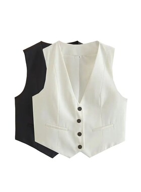 Cropped Vest Women Waistcoat Fashion Buttons ops Vintage V N
