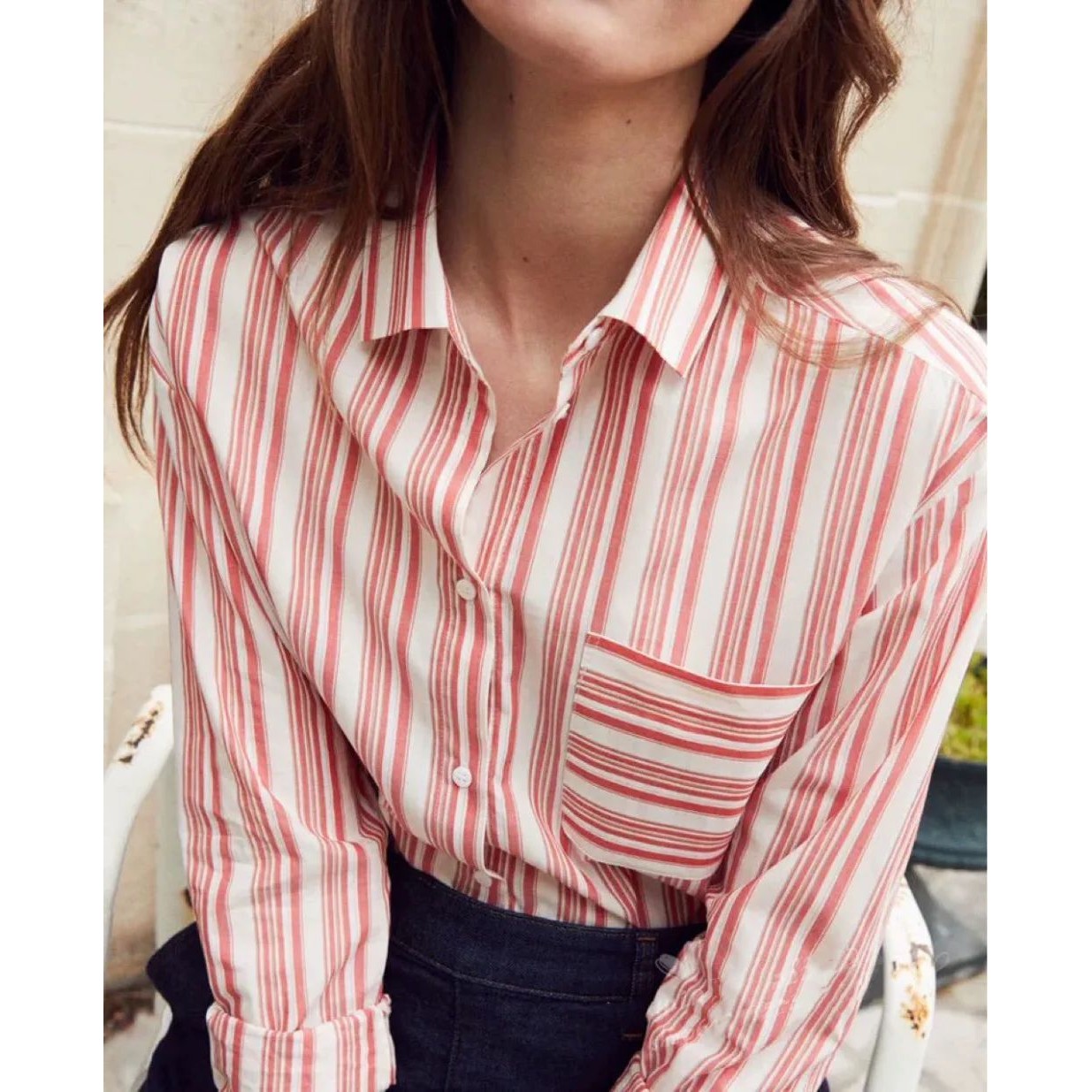 Elfbop Pink Cotton Ladies Long Sleeve Contrast Stripe Shirt