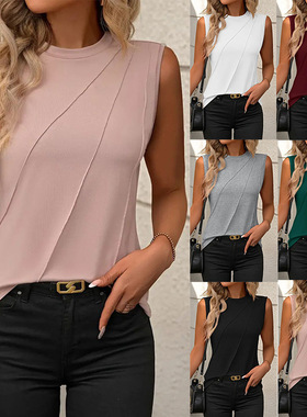 2024 Solid Color Round Neck Sleeveless Loose T-shirt Fashion