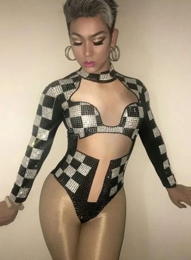 Fashion Crystals Black White Grid Rhinestone Leotard Celebra