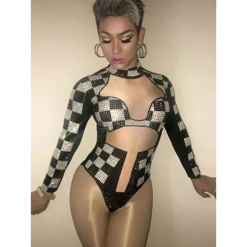 Fashion Crystals Black White Grid Rhinestone Leotard Celebra
