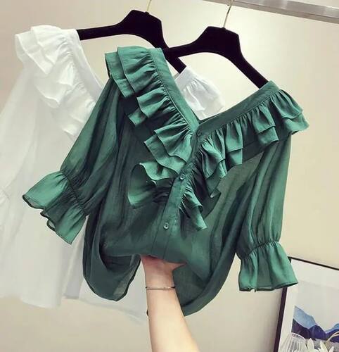 2024 Summer New Sweet Style Solid Color V-neck Half-sleeved
