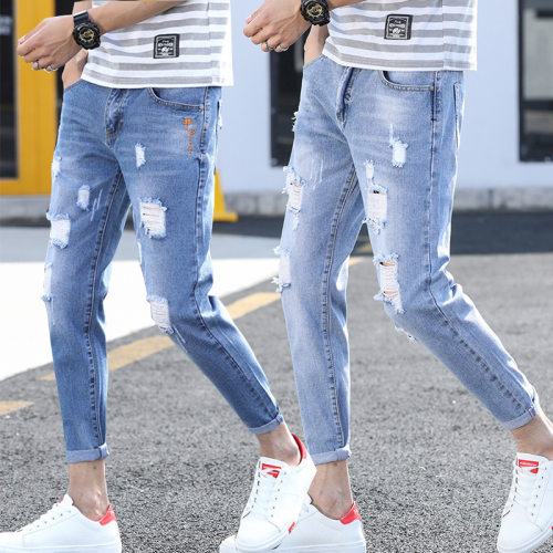 Ripped Cropped Jeans Men's rendy Brand Slim-fit Beggar Long