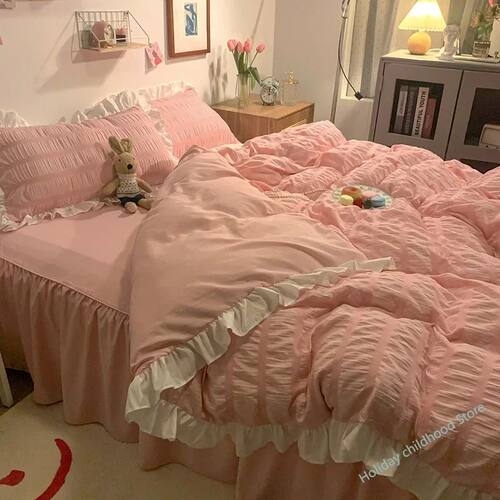 Pink Ruffled Seersucker Duvet ver Set 3/4pcs Soft Lightweigh
