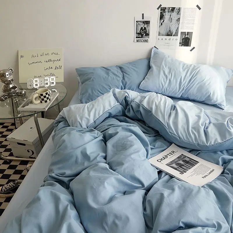 Solid Blue Duvet ver Set Flat Sheet with Pillowcases 2024 Ne