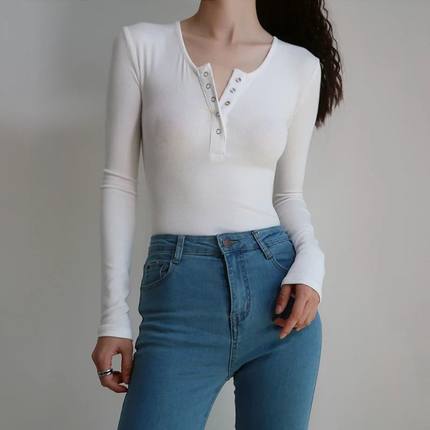 Women O Neck Button Front Long Sleeve Ribbed Bodysuit