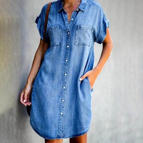 Independent Station 2025 Lapel Short Sleeve Slim Dress Denim