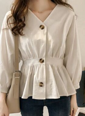 Women's Casual V Neck Button Up Slim Ruffles Waist Long Slee