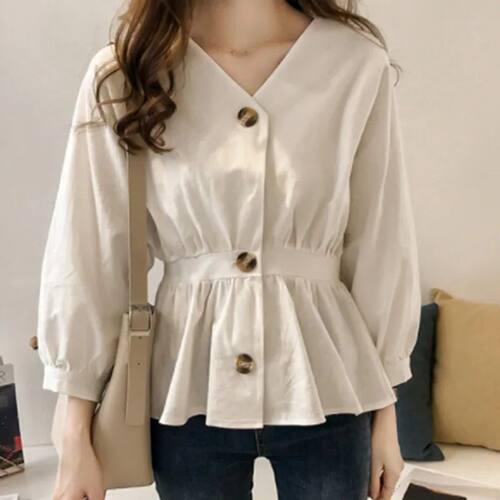 Women's Casual V Neck Button Up Slim Ruffles Waist Long Slee