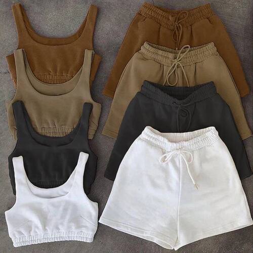 Crop ops And Drawstring Shorts Set Sexy U-Neck Fitness Tank