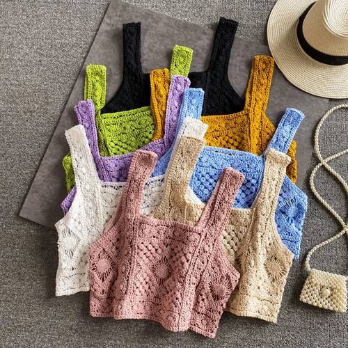 woman knitted crop ops spaghetti strap tank top women floral
