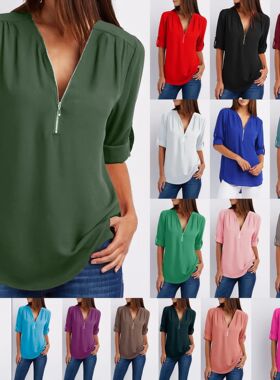 Summer Women Cool Loose Shirt Deep V Neck Chiffon Blouse Cas