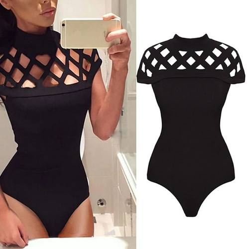 Womens Jumpsuit High Neck Bodycon Hollow Short Sleeves Jumps