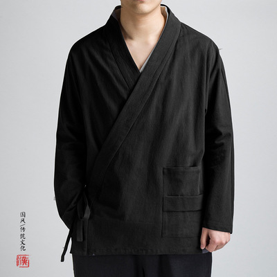 Chinese Style Tang Suit Hanfu Men's Linen Long-sleeved Slant