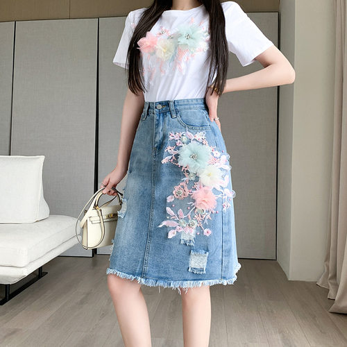 2024 Denim Skirt With Large Flowers, Comfortable, Beautiful