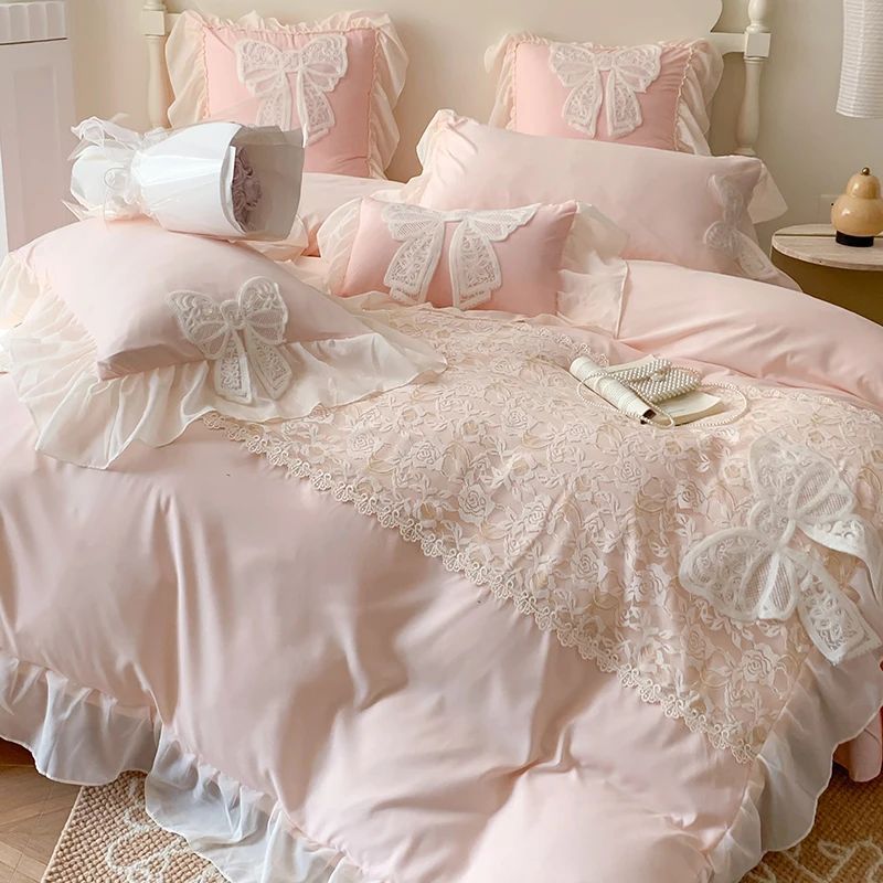 Korean Princess Bedding Set Coquette Lace Bow  Beauty Solid