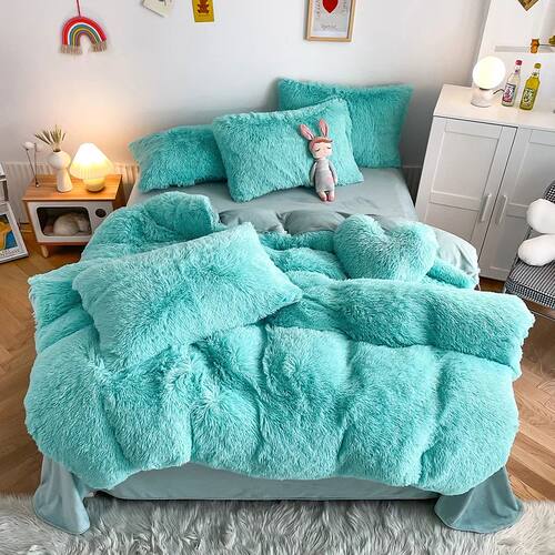 3Pcs Fluffy Black Plush Shaggy Duvet ver +2Pcs Pillowcases Z