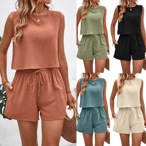 Solid Color Casual Loose Short Pants Sets For Women 2024 Ele