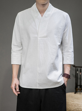 21 Chinese Style T-shirt Men's Cotton And Linen Three-quarte