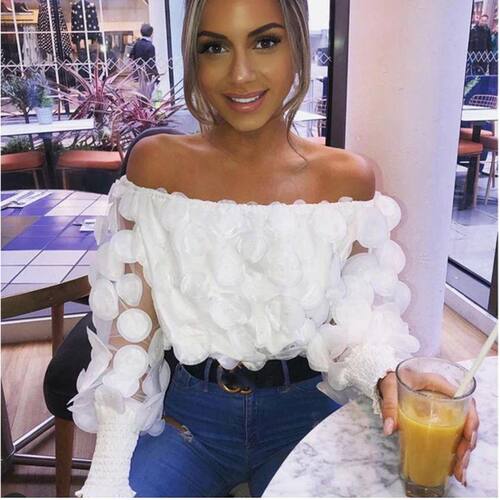 Fashion Elegant Slash Neck Puff Sleeve Blouse Women Patchwor