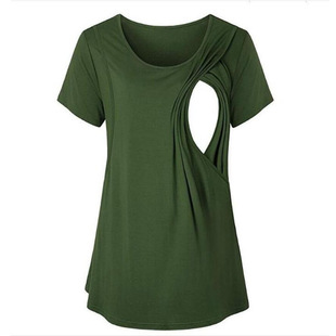 Nursing Top Round Neck Solid Color Side Open Short-sleeved