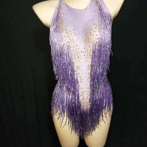 Tassel Rhinestone Stage Bodysuit Sexy Elastic Latin Dance Ju