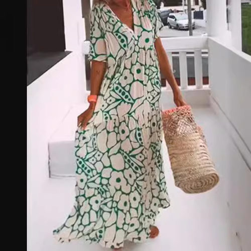 2025 Women's Printed Short-sleeved Deep V-neck Long Dress Wo