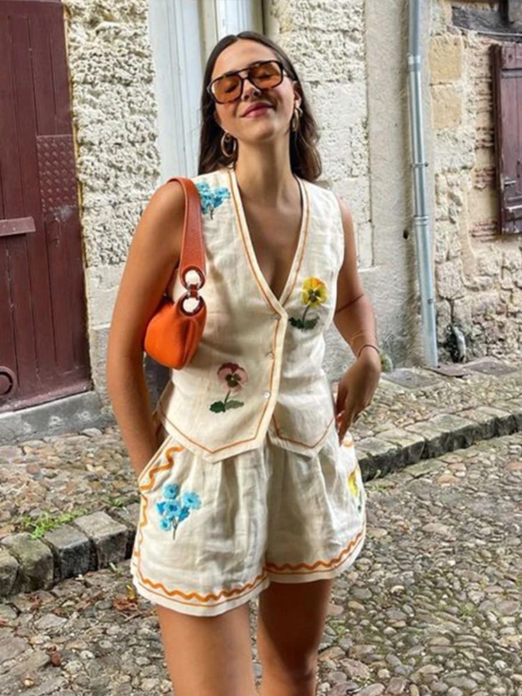 Embroidery Flower Shorts Suit Women Contrast Cotton Linen V
