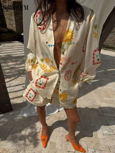 Holiday Print Elastic Waist Pocket Shorts Suit Women Causal