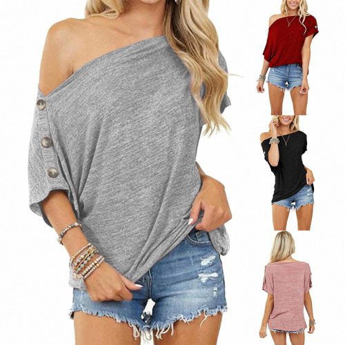 2024 Women's Loose ops Off-the-shoulder Button Short Sleeve