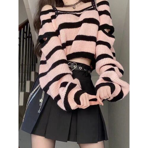 Sweet Off Shoulder Top Striped Knit Set Women's Spring Autum