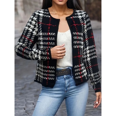 Women Fashion Houndstooth Printed Jacket Coats Casual Full L