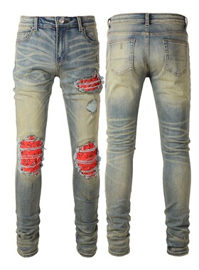 Rendamiri rendy Men's Jeans Retro Ripped Jeans High Sreet Ca