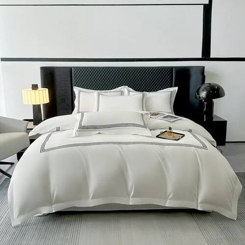 3Pcs 3 Line Embroidery White Black Duvet ver and Pillow Sham