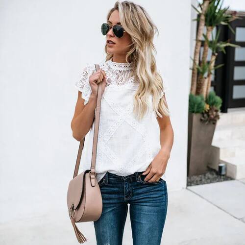 Sexy White Lace Blouse Shirt Women Fashion Short Sleeve Fema