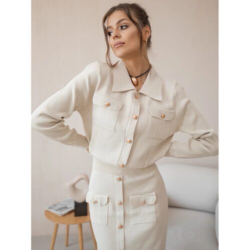 Elegant Knit Blazer Skirt Set Women Black White Brown 2 Piec