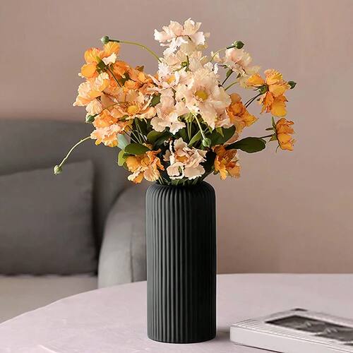 Striped Ceramic-Like Plastic Vase for Flowers, Decorative Fl