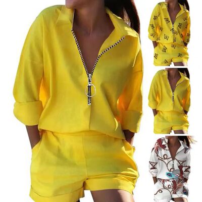 Women Suit Two Piece Set Shirt Shorts Suit Matching Female S