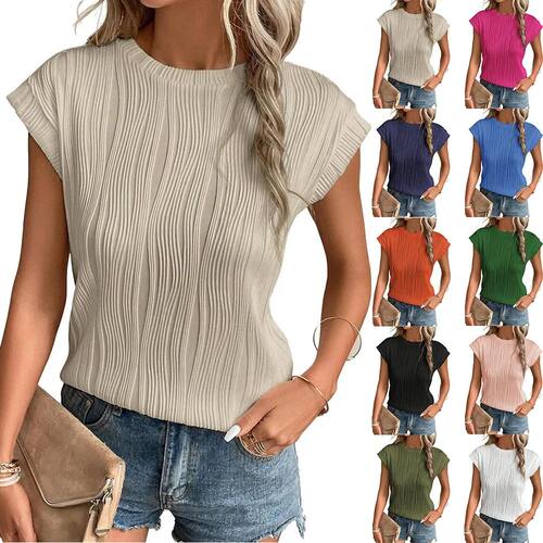 Womens Short Sleeve Textured ops Crewneck Knit Solid Loose C